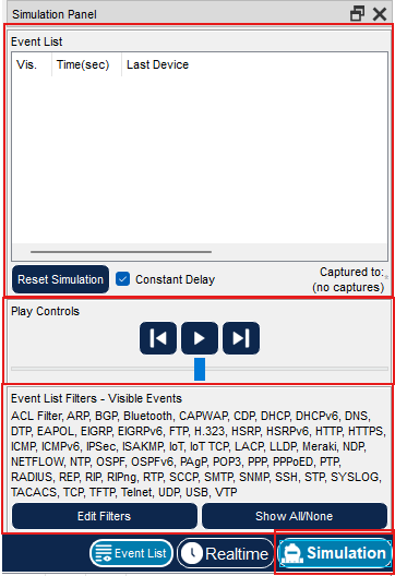 Simulation Panel con Event List e controlli di riproduzione