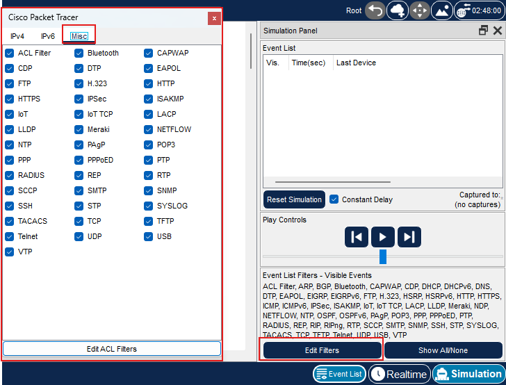 Scheda Misc con protocolli aggiuntivi nei filtri di Packet Tracer