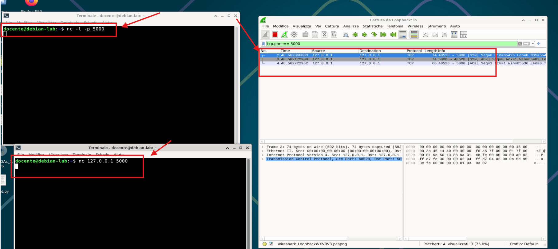 Due terminali con nc -l -p 5000 sul server e nc 127.0.0.1 5000 sul client; Wireshark mostra SYN, SYN ACK e ACK tra le porte 40528 e 5000.