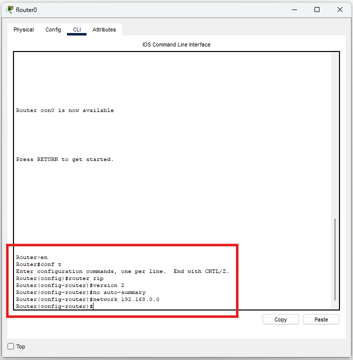 Screenshot configurazione RIPv2 su Router0